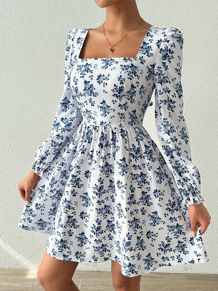 Square Neck High Waist Backless Floral Dress