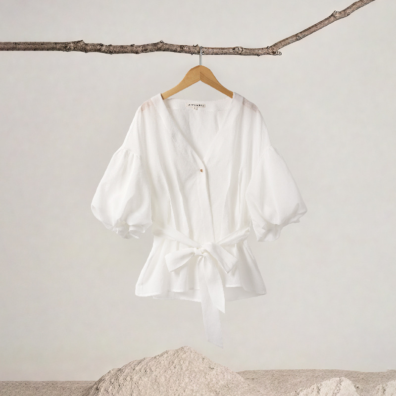 V-neck Lantern Sleeve Adjustable Tie Top