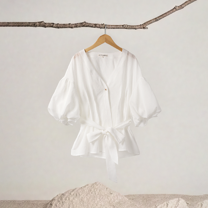 V-neck Lantern Sleeve Adjustable Tie Top