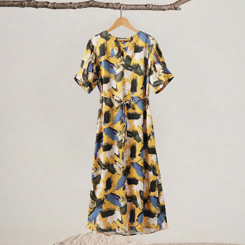 V-neck Irregular Sleeve Drawstring Printed Dress