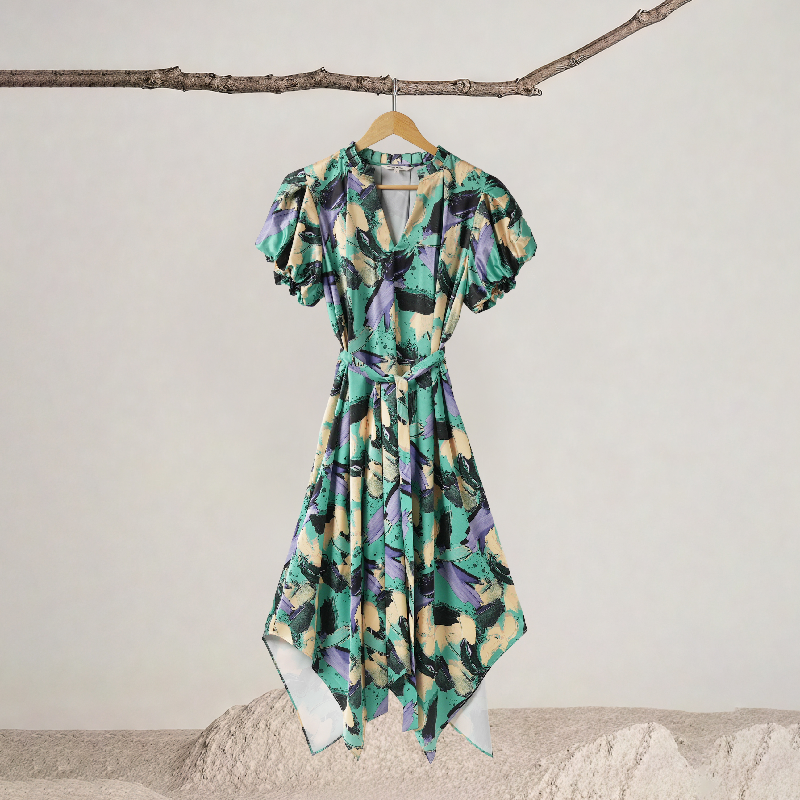 V-neck Waist-cinching Irregular Hem Printed Dress