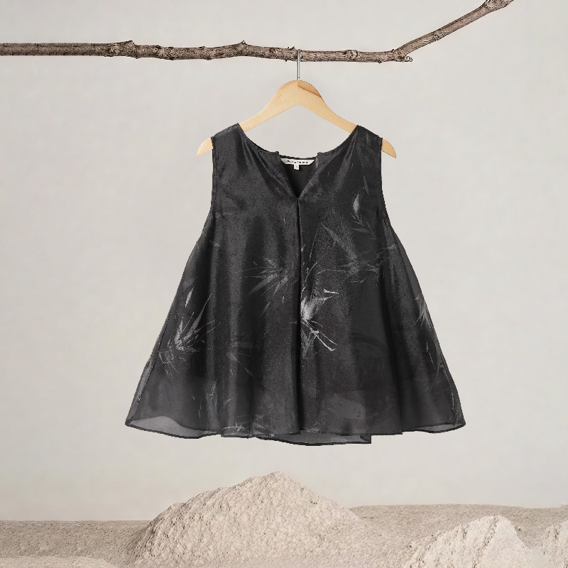 Bamboo Printed Sleeveless Chiffon Double Layer Top