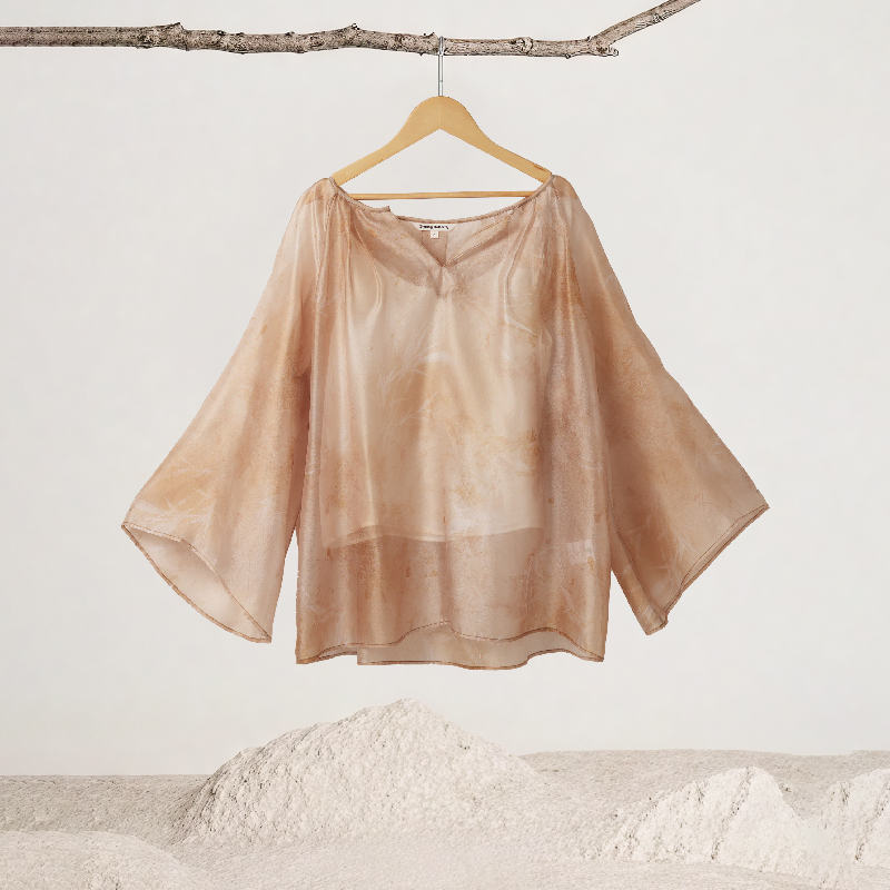 Pleated Neckline Bamboo Leaf Printed Top