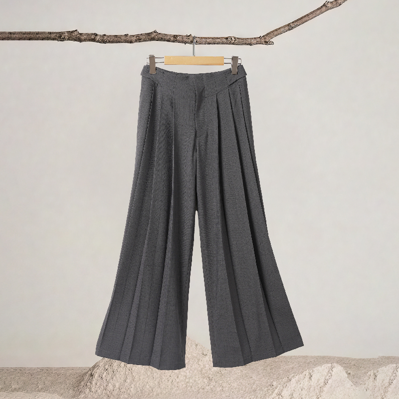 Unique Waistband Front Pleats Wide-leg Pants
