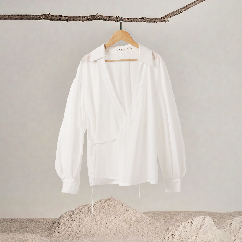 Crossover Front Lantern Sleeves Beaded Ties Top