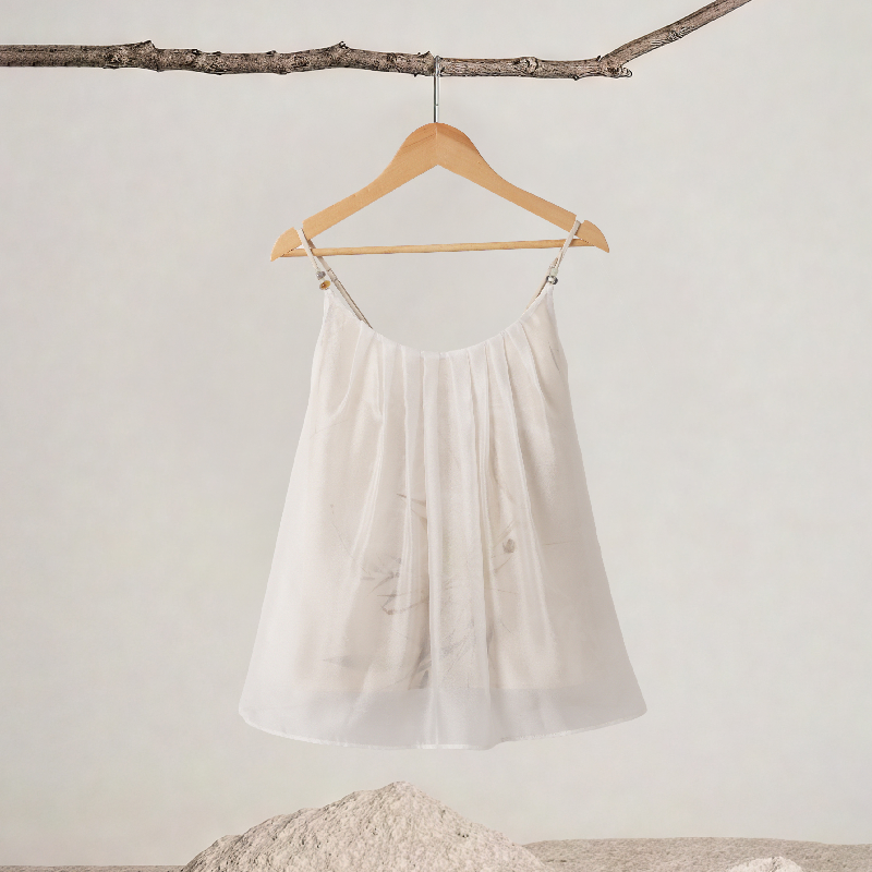 Beaded Straps Bamboo-printed Asymmetrical Hemline Top