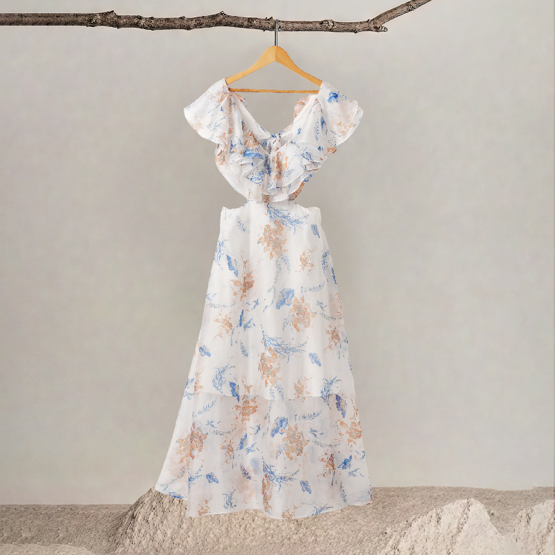 V-neck Ruffle Sleeves Backless Printed Dress