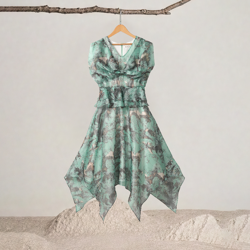 V-neck Waist-cinching Ruffle Design Irregular Hem Dress