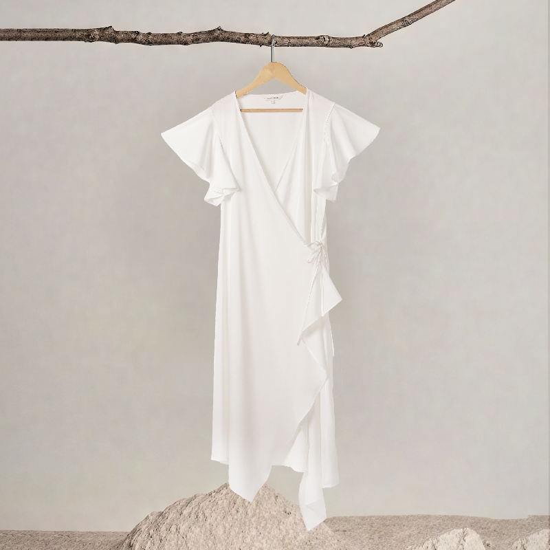 Solid Color Crossover Neck Ruffle Sleeve Irregular Hem Dress