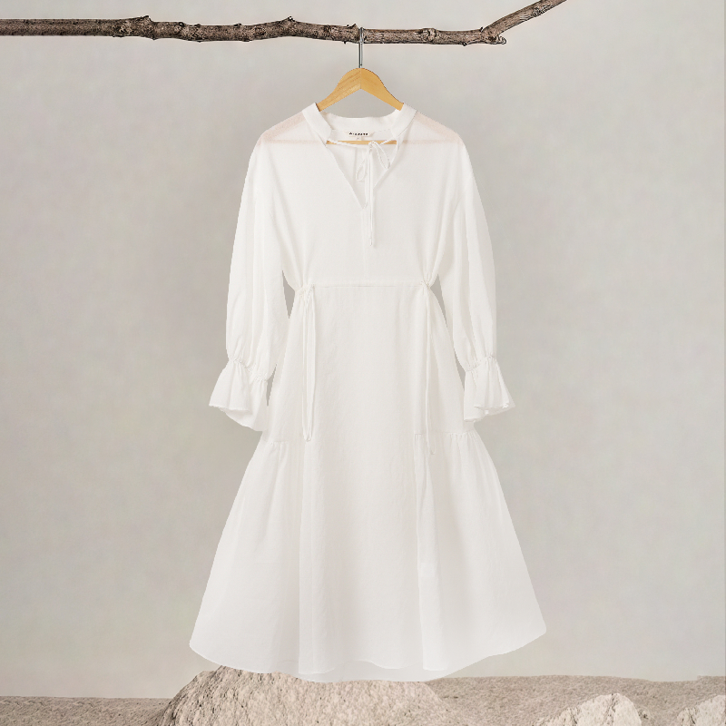 V-neck Long Sleeve Drawstring Waist-cinching Dress