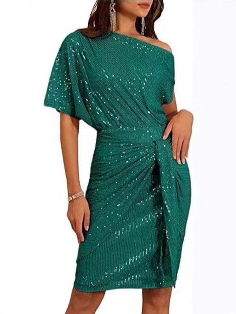 Off-shoulder Pleated Sequin Dress