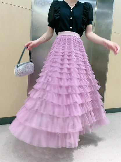 Solid Color Cake Skirt Pleated Long Skirt