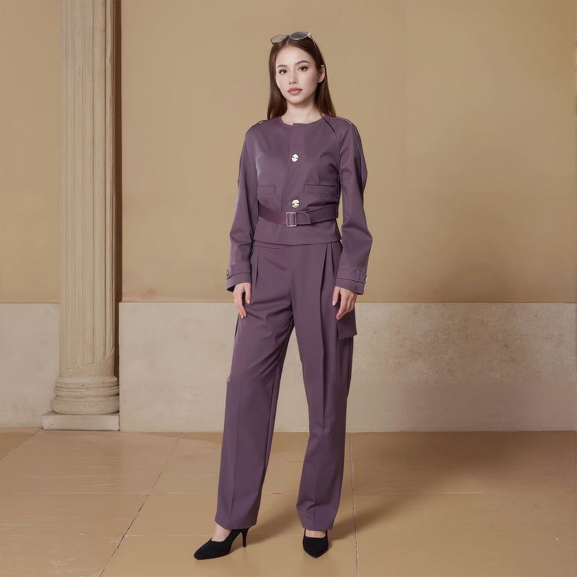 Raglan Sleeves Belted Short Jacket and Pleated Pants Set