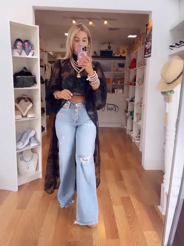 Half Turtleneck Short Front and Long Back Lace See-through Top