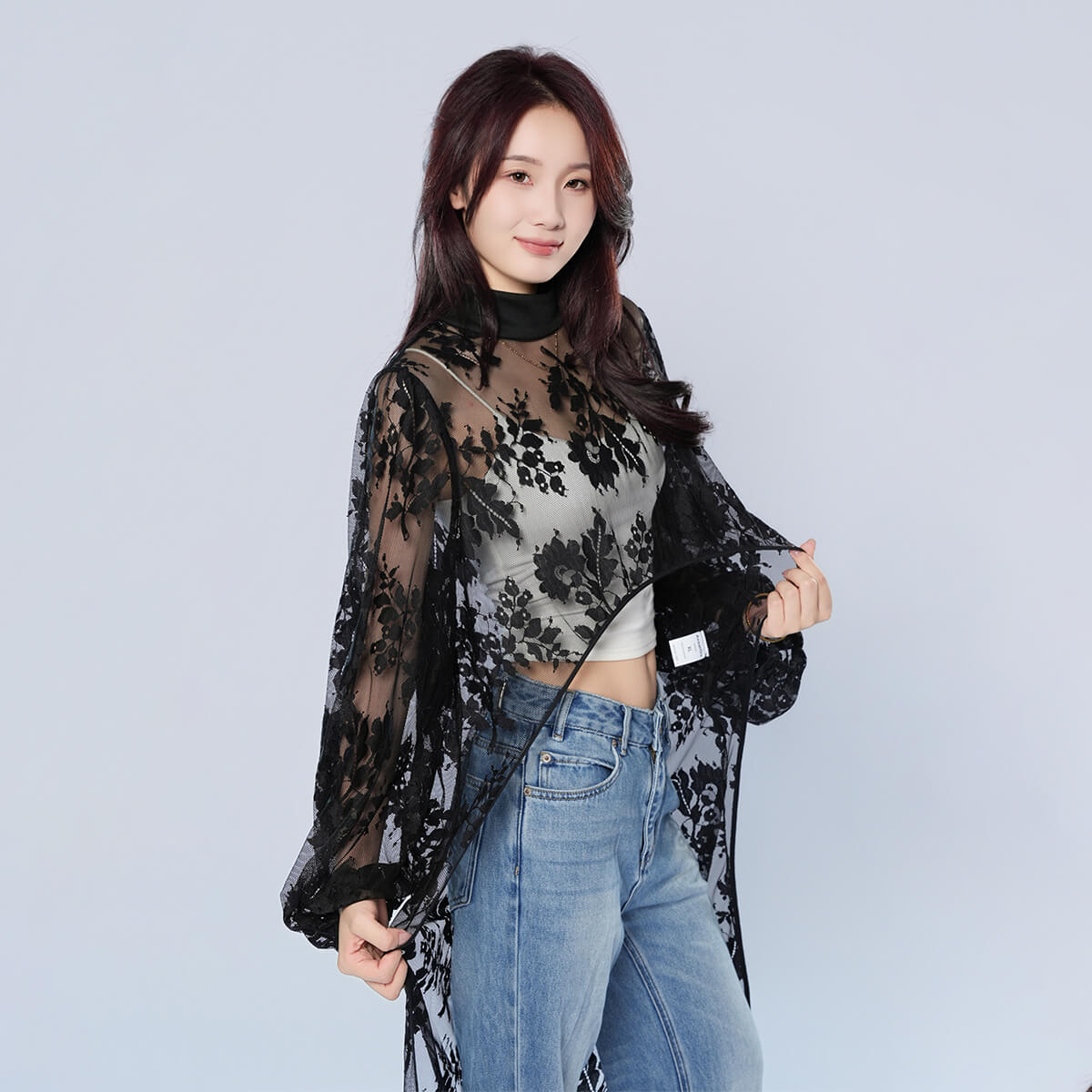 Half Turtleneck Short Front and Long Back Lace See-through Top