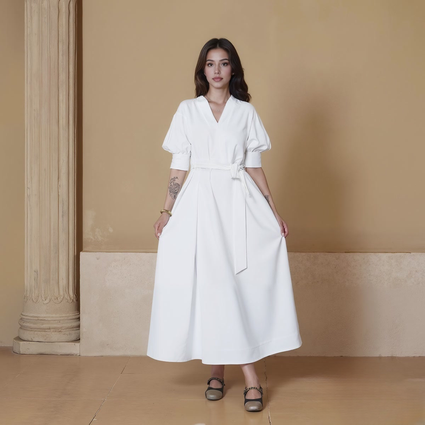 V-Neck Short Sleeve Waist-cinching Printed Maxi Dress with Belt