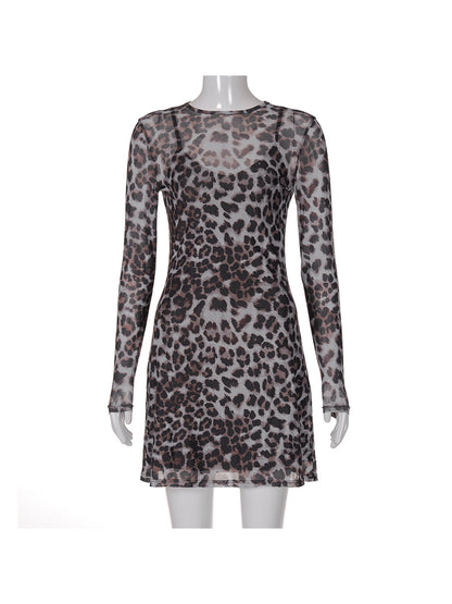 Leopard Print Mesh See-through Dress