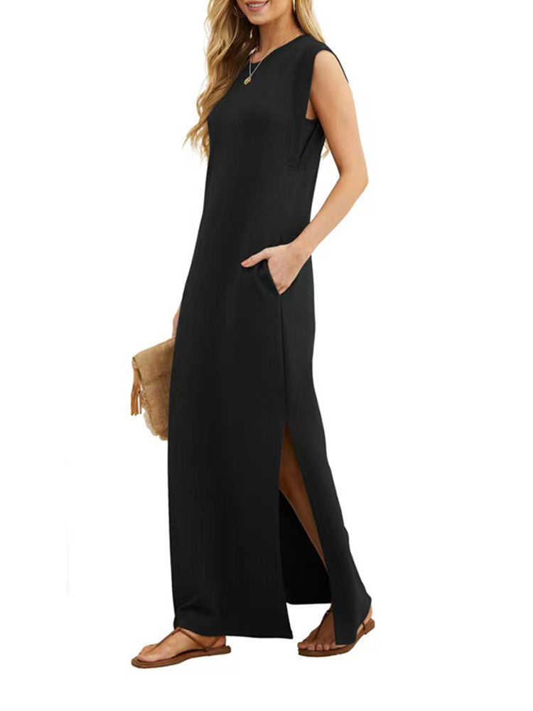 Solid Color Round Neck Side Slit Pocket Dress