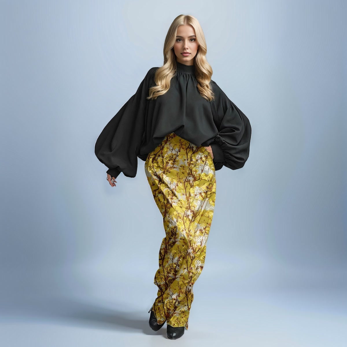 Solid Color High Collar Loose Sleeve Pleated Top