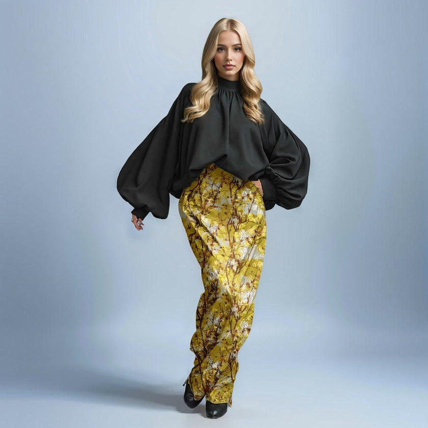 Solid Color High Collar Loose Sleeve Pleated Top