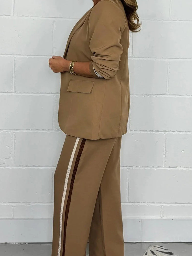 Lapel Striped Suit Trousers Two-piece Set