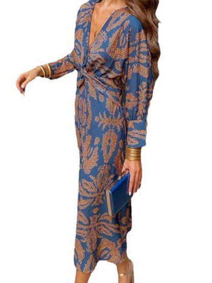 V-neck Long Sleeve Midi Printed Dress