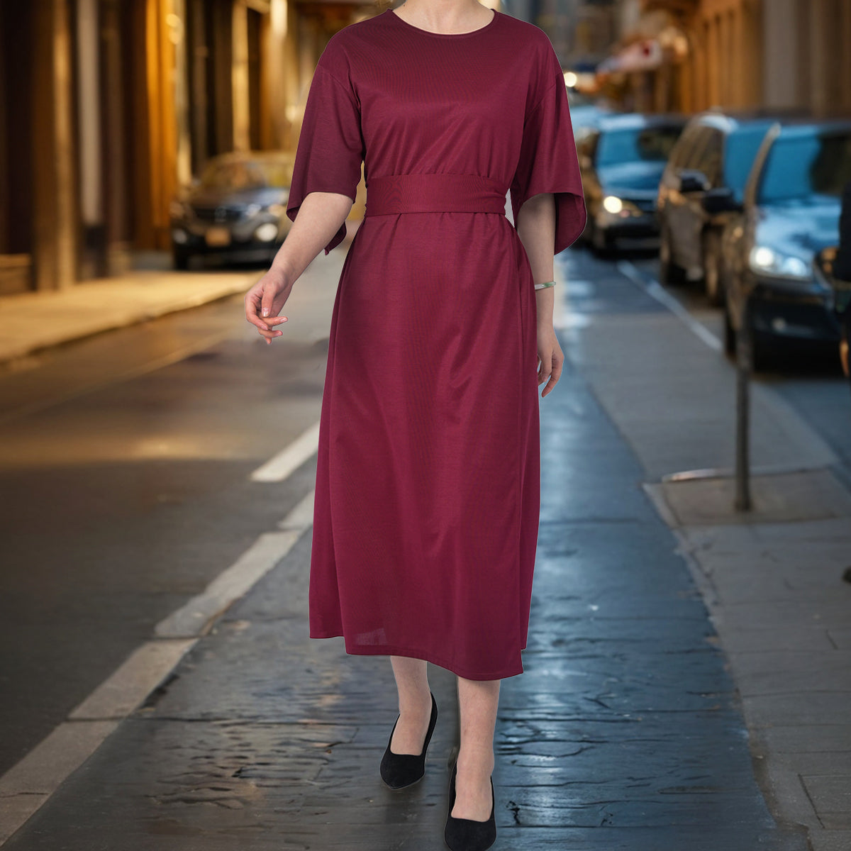 Elegant Solid Color Bat Sleeve Dress