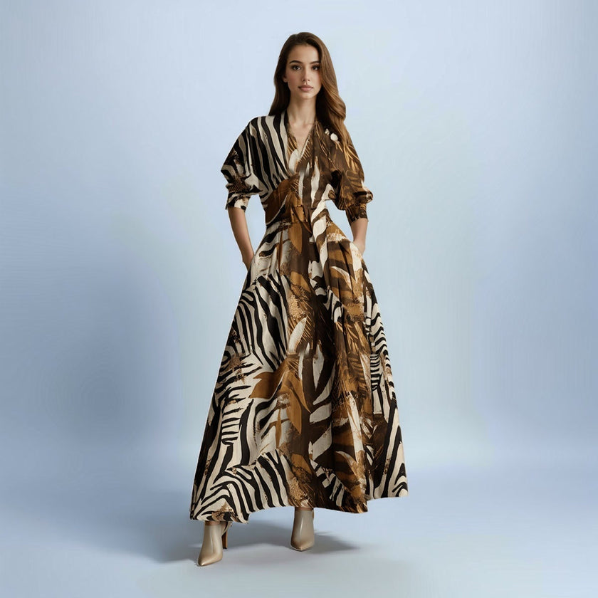 V-Neck Short Sleeve Waist-cinching Printed Maxi Dress with Belt