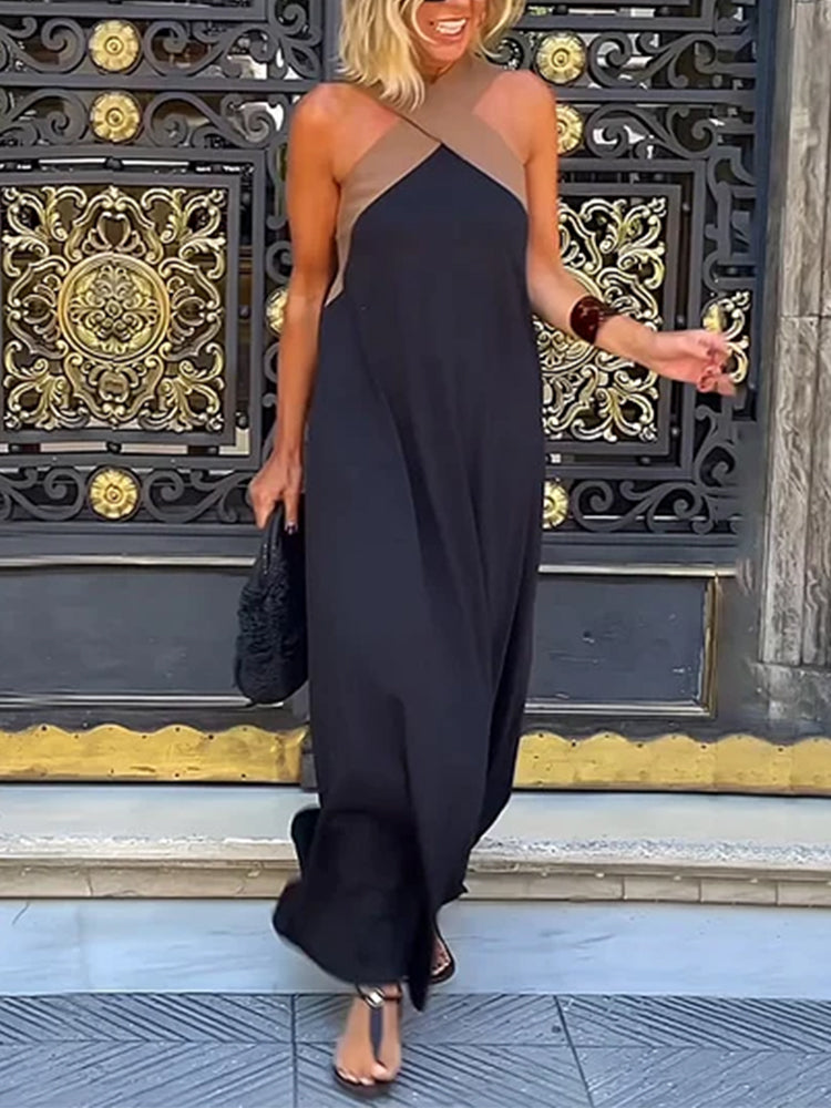 Cross Backless Contrast Color Maxi Dress