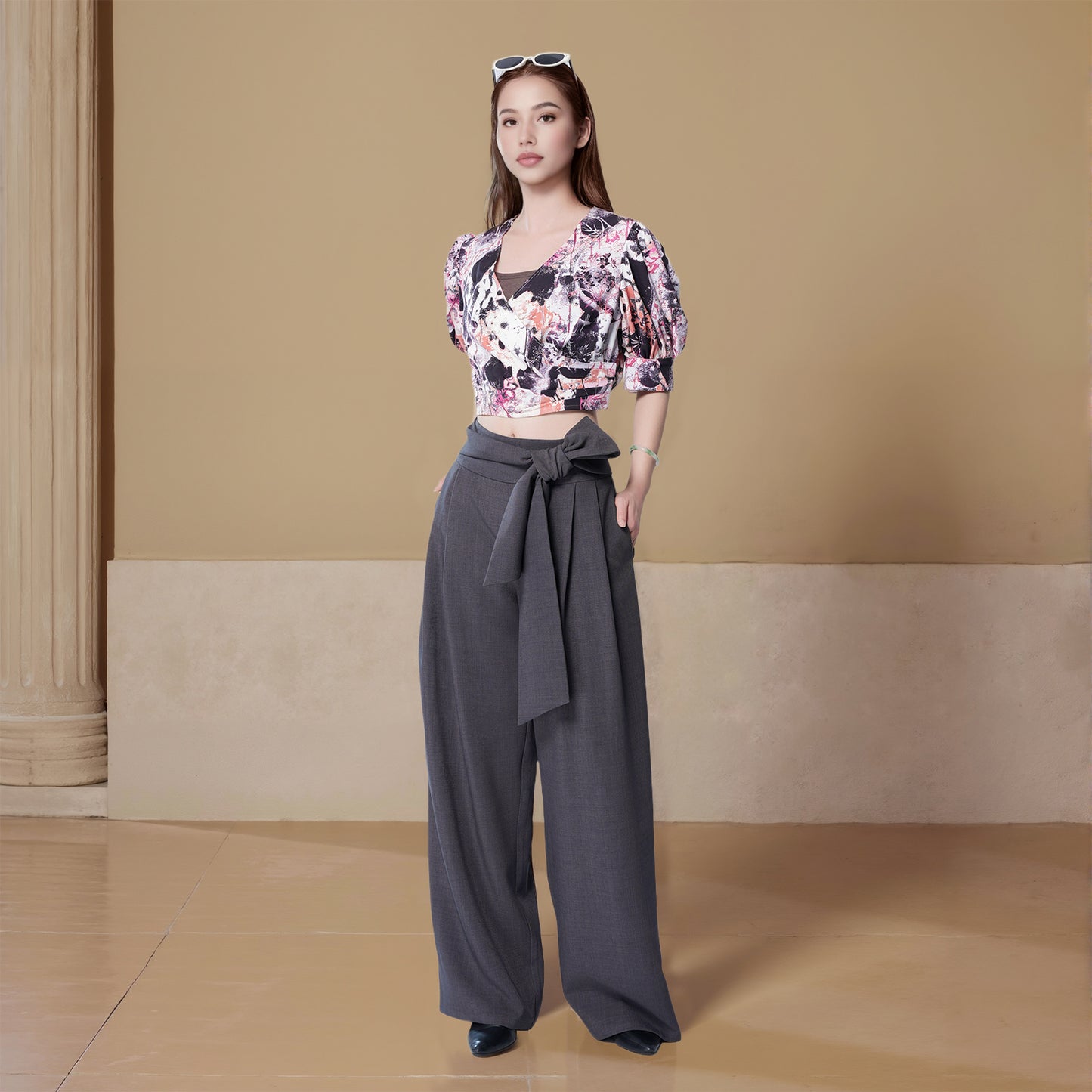 A-line Pleated Belted Pants With Pockets