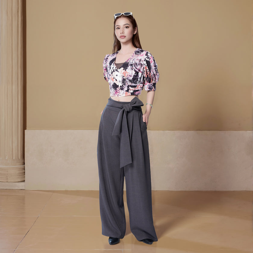 A-line Tie Pleated Wide-leg Pants