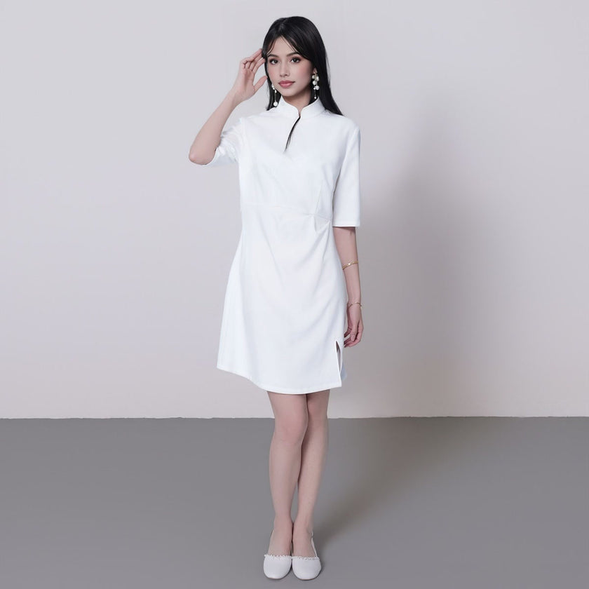 Stand Collar Half Sleeve Side Split Midi Dress