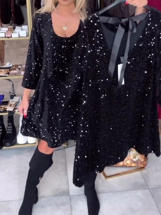 Back Tie Velvet Sequin Long Sleeve Dress