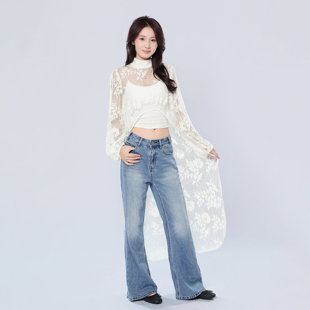 Half Turtleneck Short Front and Long Back Lace See-through Top