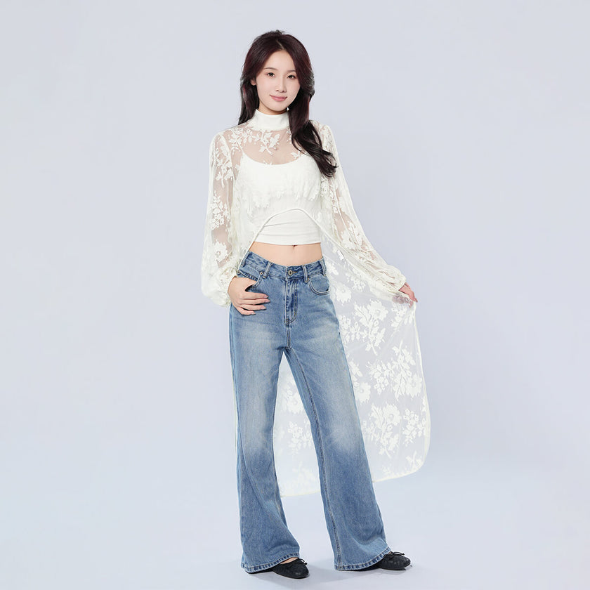 Half Turtleneck Short Front and Long Back Lace See-through Top