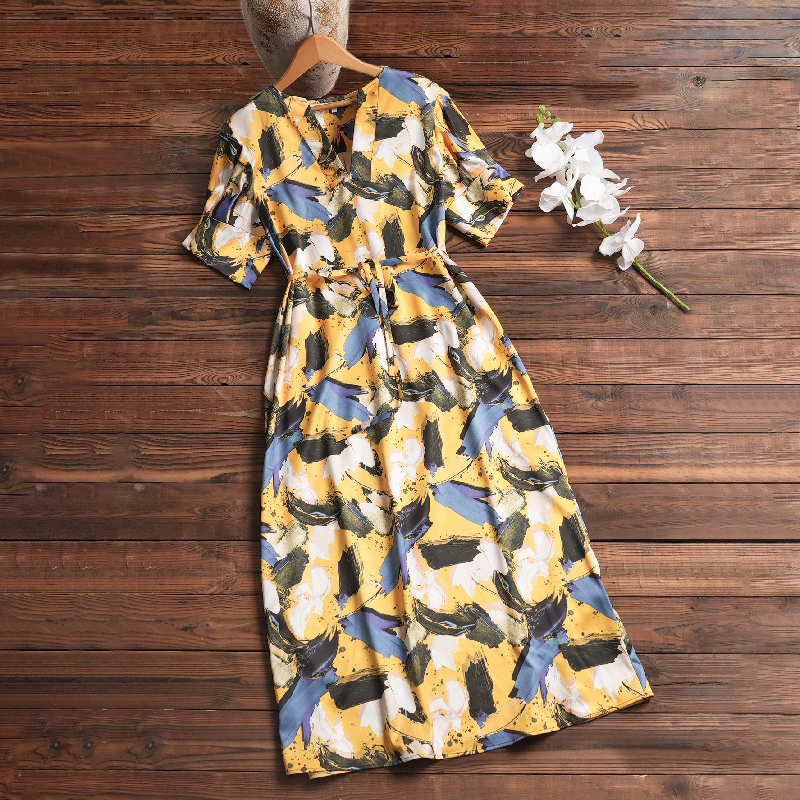 V-neck Irregular Sleeve Drawstring Printed Dress