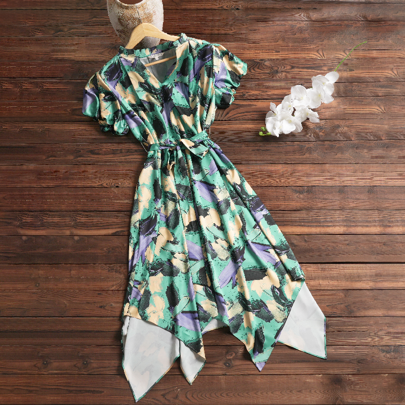 V-neck Waist-cinching Irregular Hem Printed Dress