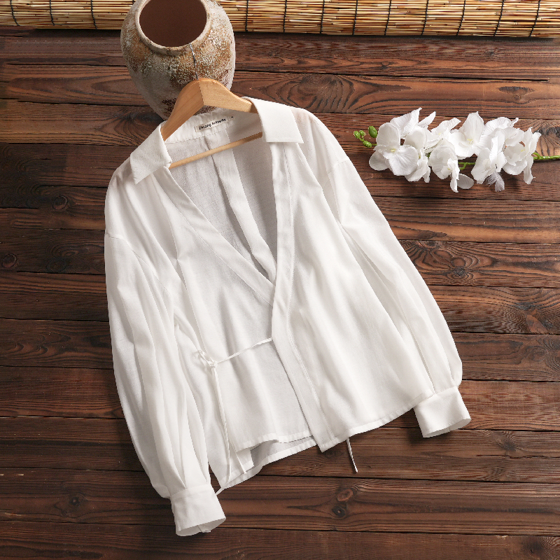 Crossover Front Lantern Sleeves Beaded Ties Top