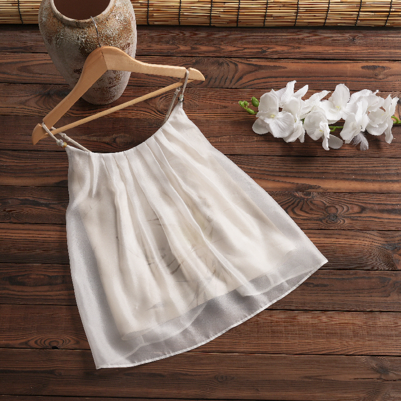 Beaded Straps Bamboo-printed Asymmetrical Hemline Top