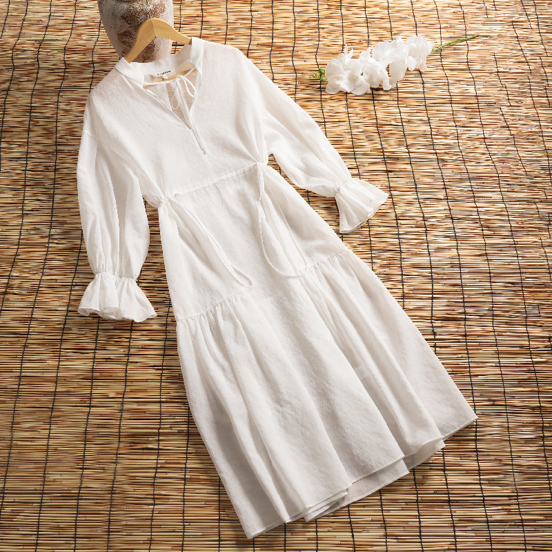 V-neck Long Sleeve Drawstring Waist-cinching Dress