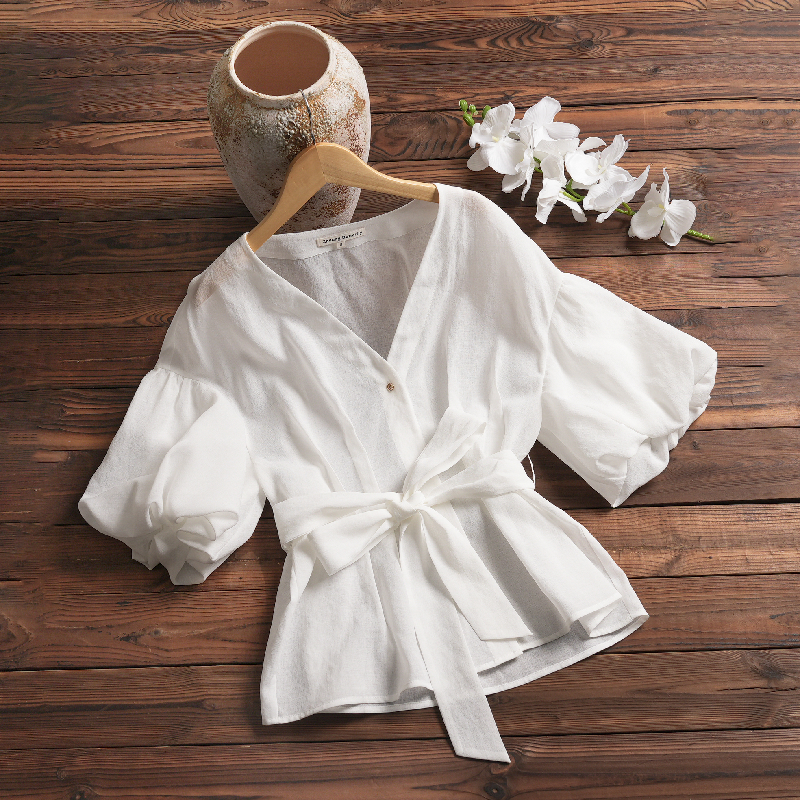 V-neck Lantern Sleeve Adjustable Tie Top