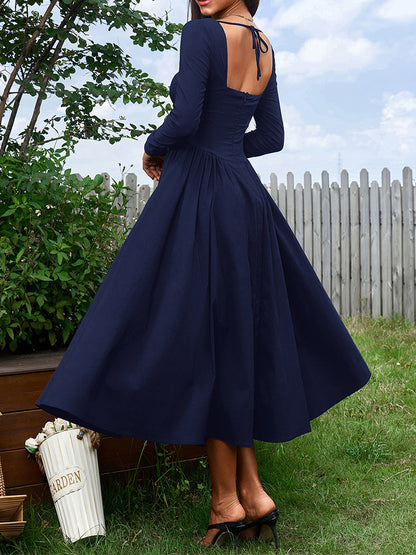 A-line Solid Color Pleated Backless Dress