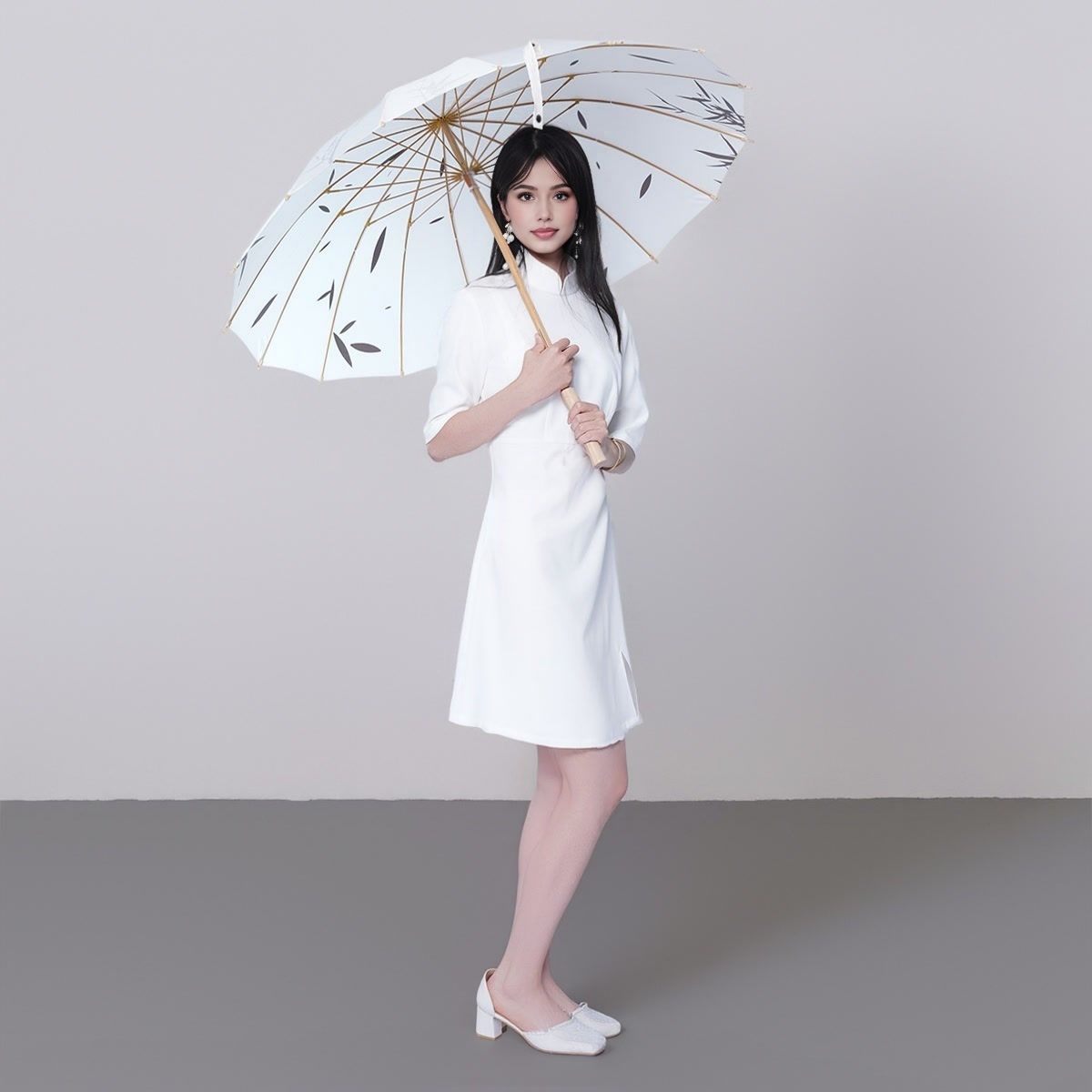 Stand Collar Half Sleeve Side Split Midi Dress