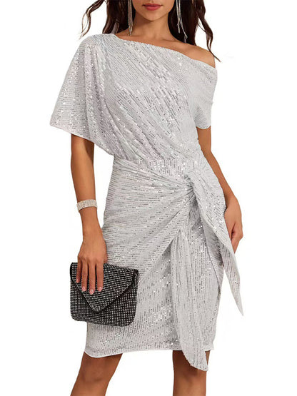 Off-shoulder Pleated Sequin Dress