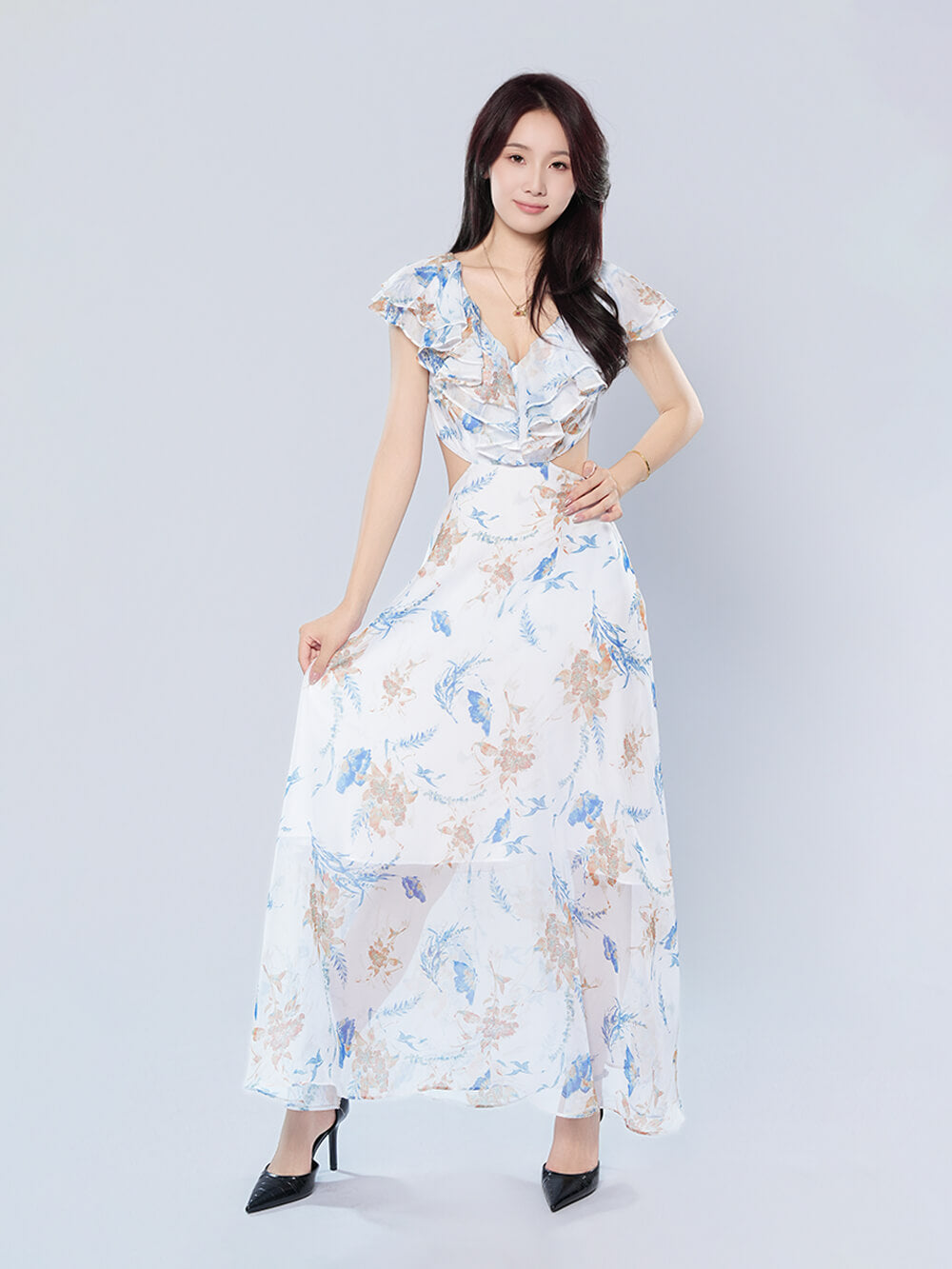 V-neck Ruffle Sleeves Backless Printed Dress