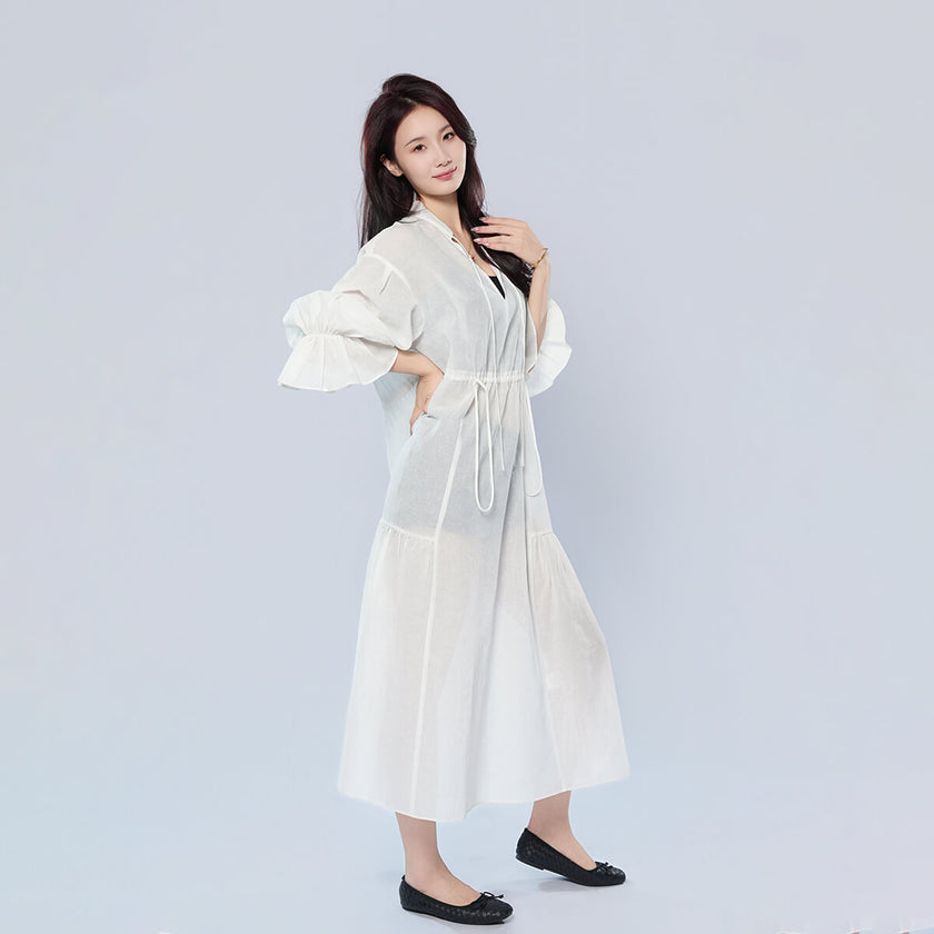 V-neck Long Sleeve Drawstring Waist-cinching Dress
