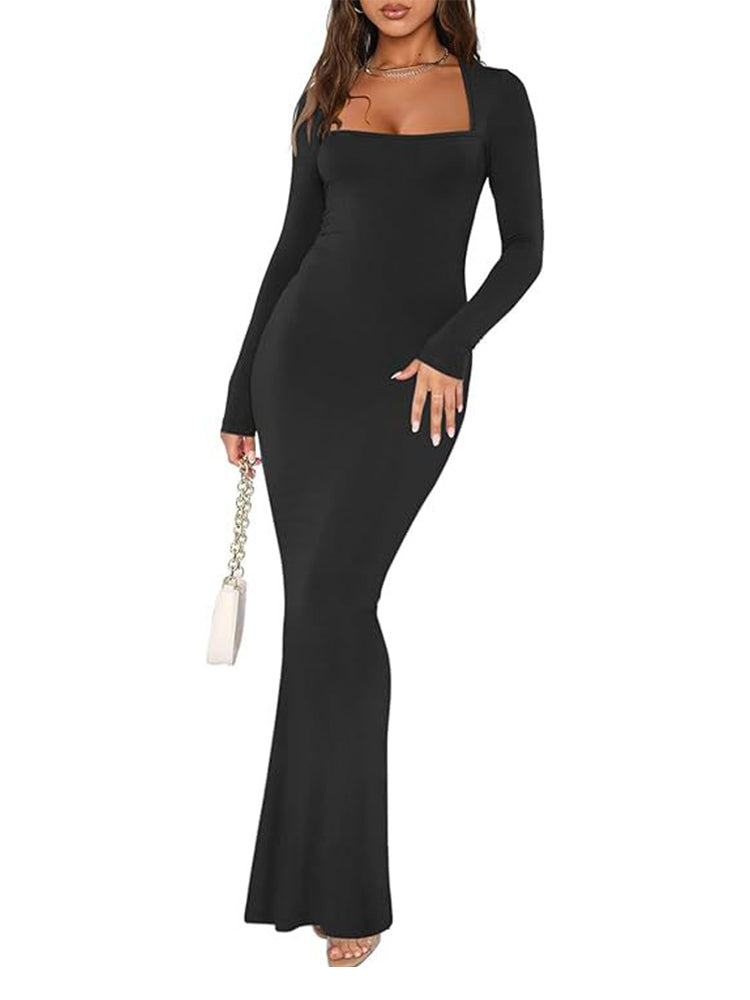 Long Sleeve Square Neck Sexy Bodycon Knit Dress