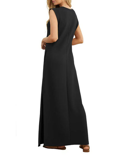 Solid Color Round Neck Side Slit Pocket Dress