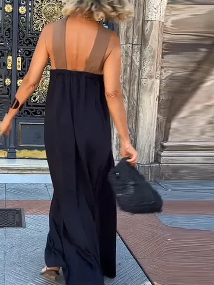 Cross Backless Contrast Color Maxi Dress