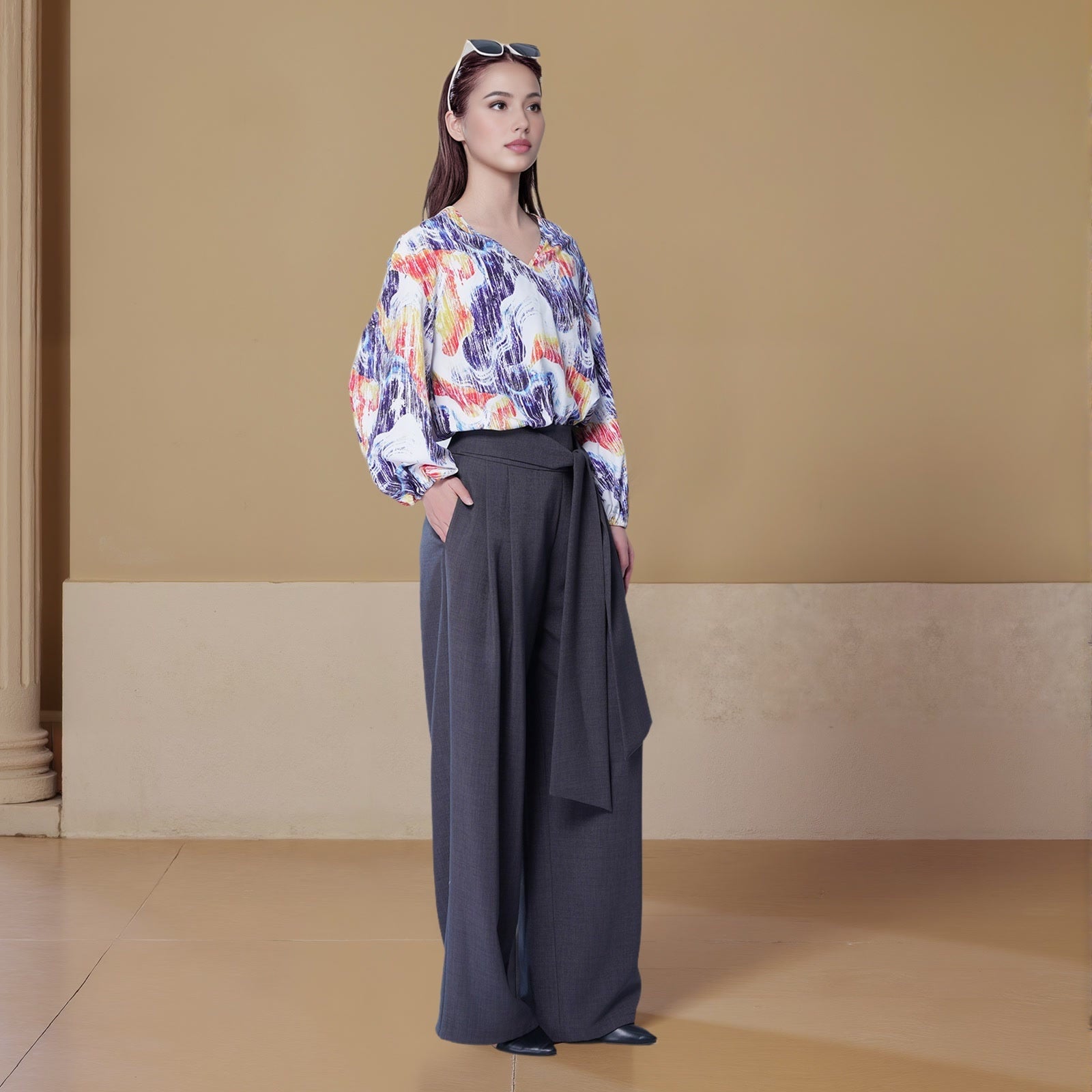 Cross Collar Puff Sleeve Printed Shirt